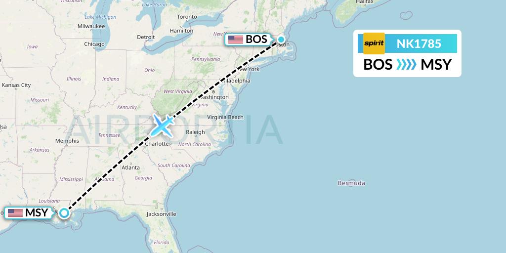 NK1785 Spirit Airlines Flight Map: Boston to New Orleans