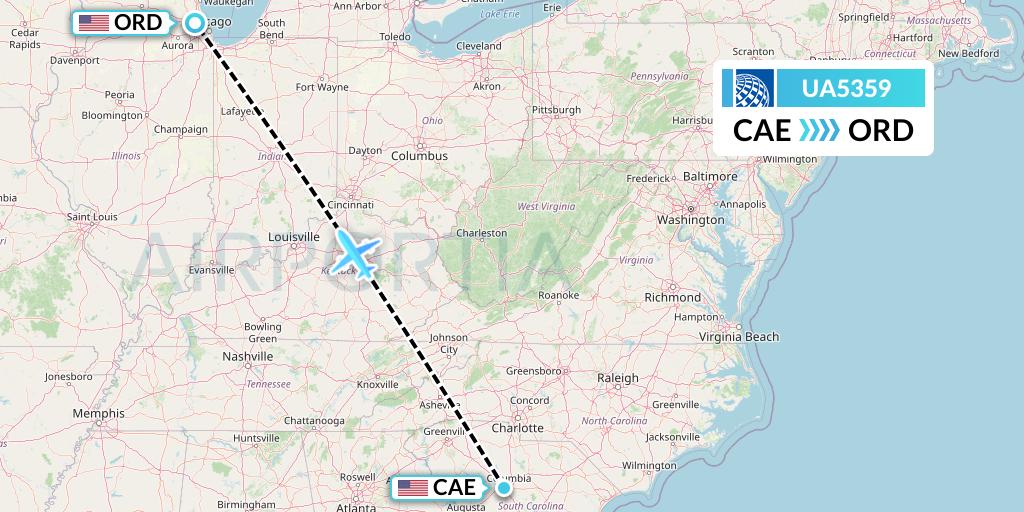 UA5359 United Airlines Flight Map: Columbia to Chicago