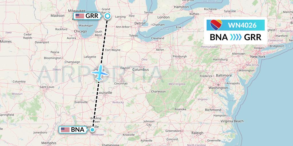 WN4026 Southwest Airlines Flight Map: Nashville to Grand Rapids