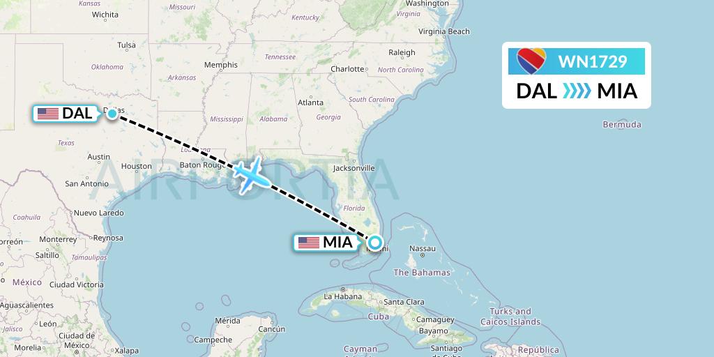 WN1729 Southwest Airlines Flight Map: Dallas to Miami