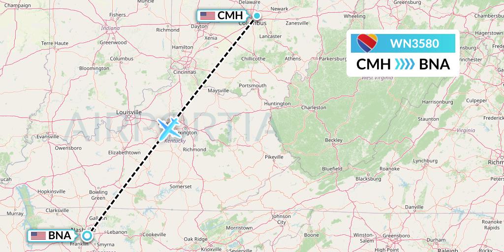 WN3580 Southwest Airlines Flight Map: Columbus to Nashville