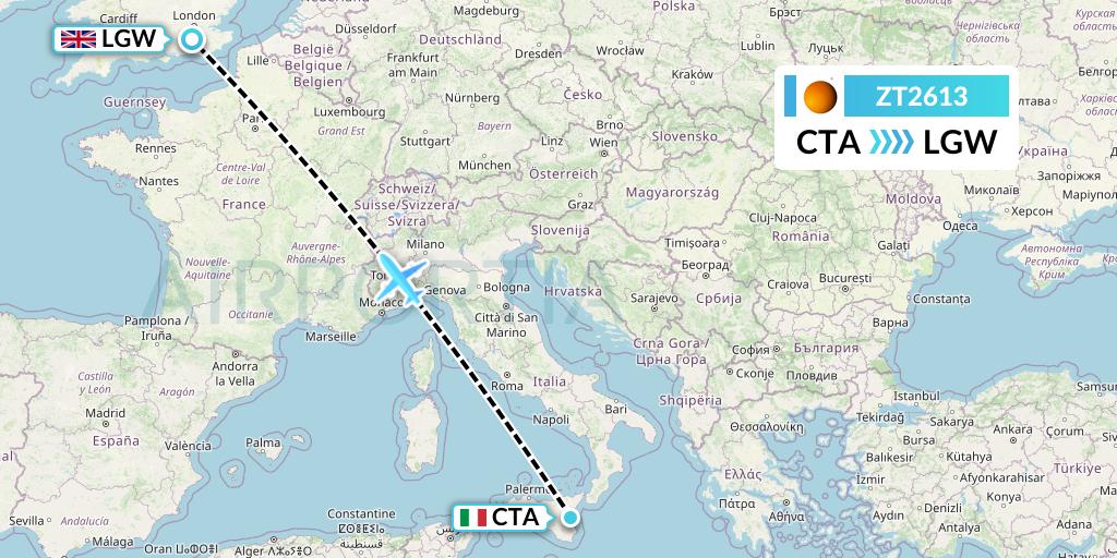 ZT2613 Titan Airways Flight Map: Catania to London