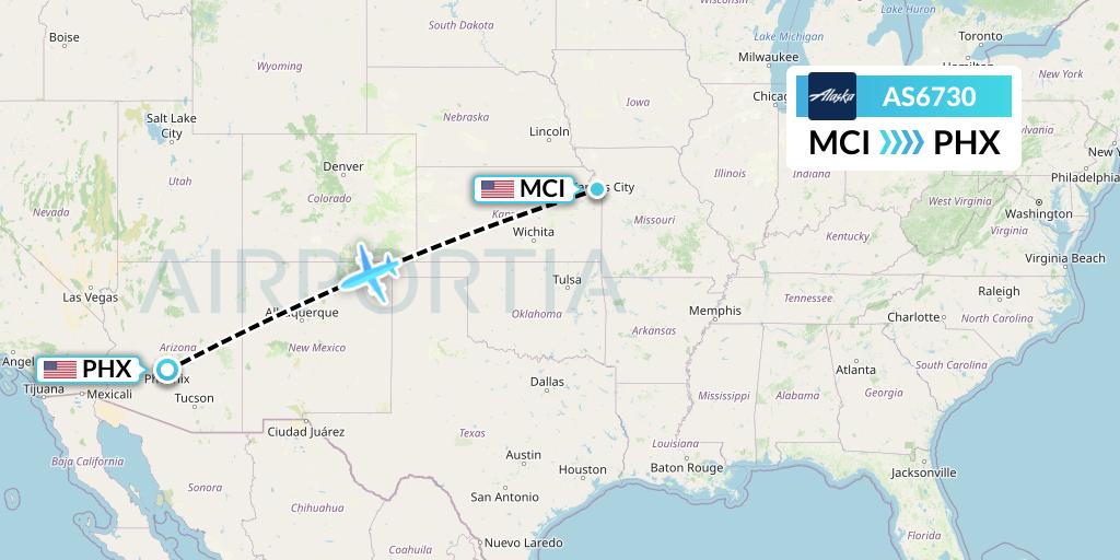 AS6730 Alaska Airlines Flight Map: Kansas City to Phoenix