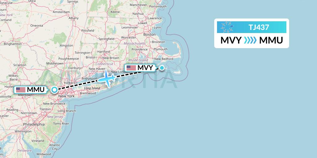 TJ437 Tradewind Aviation Flight Map: Martha's Vineyard to Morristown