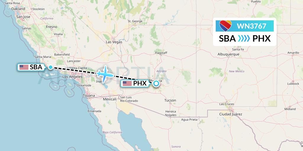 WN3767 Southwest Airlines Flight Map: Santa Barbara to Phoenix