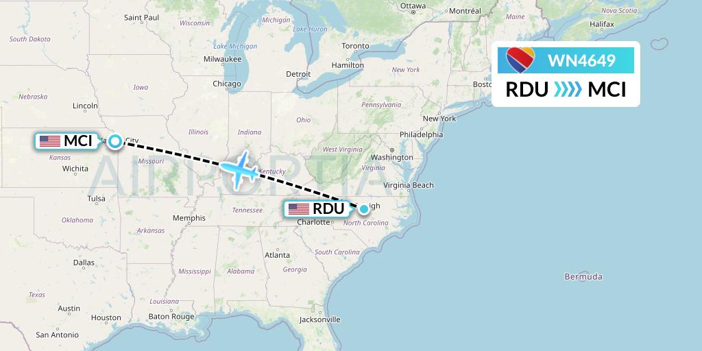 WN4649 Southwest Airlines Flight Map: Raleigh-Durham to Kansas City