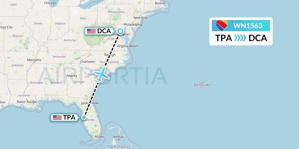 WN1563 Southwest Airlines Flight Map: Tampa to Washington