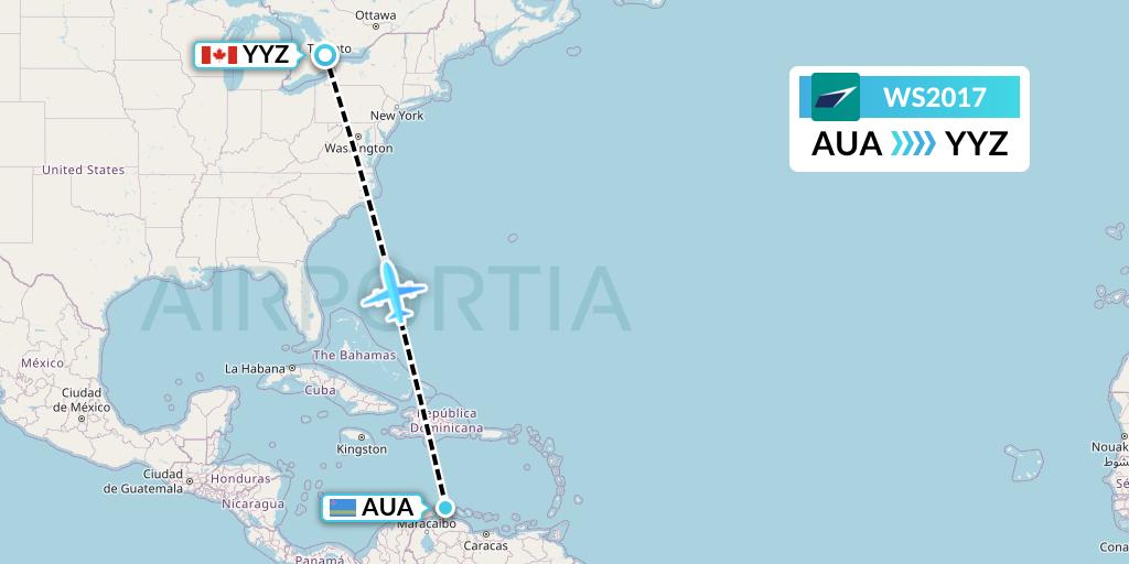 WS2017 WestJet Flight Map: Oranjestad to Toronto