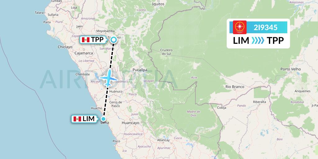 2I9345 Star Peru Flight Map: Lima to Tarapoto