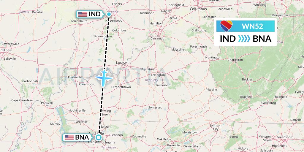 WN52 Southwest Airlines Flight Map: Indianapolis to Nashville