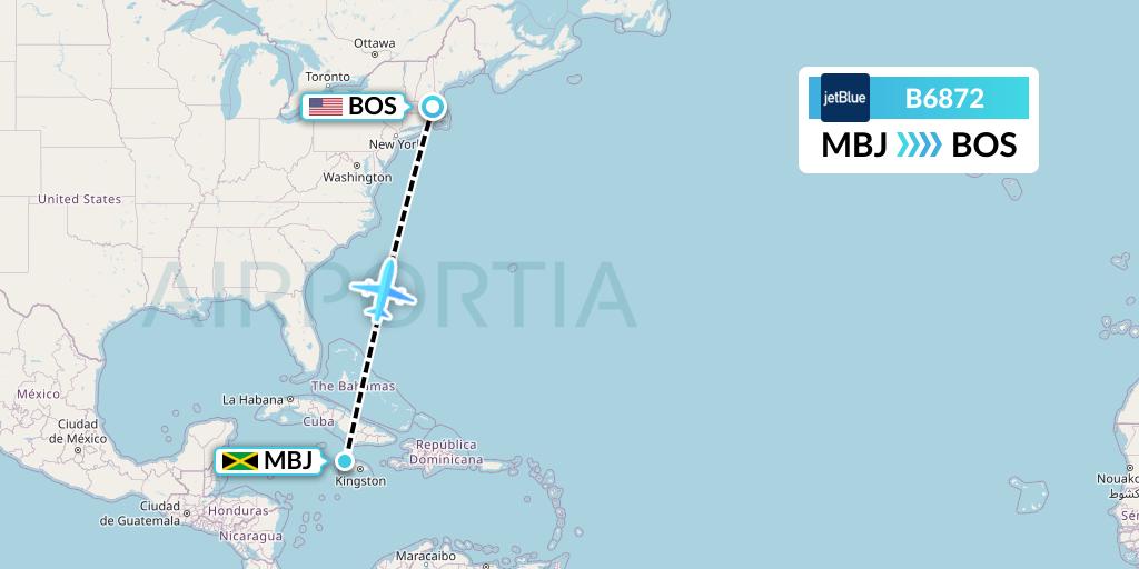 B6872 JetBlue Airways Flight Map: Montego Bay to Boston