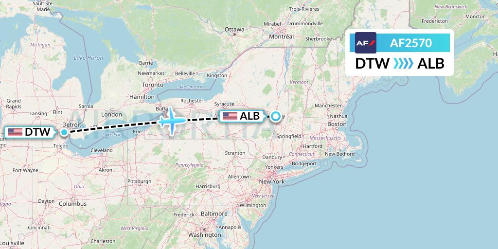 AF2570 Air France Flight Map: Detroit to Albany