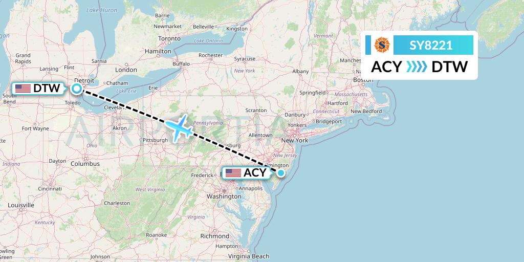 SY8221 Sun Country Airlines Flight Map: Atlantic City to Detroit