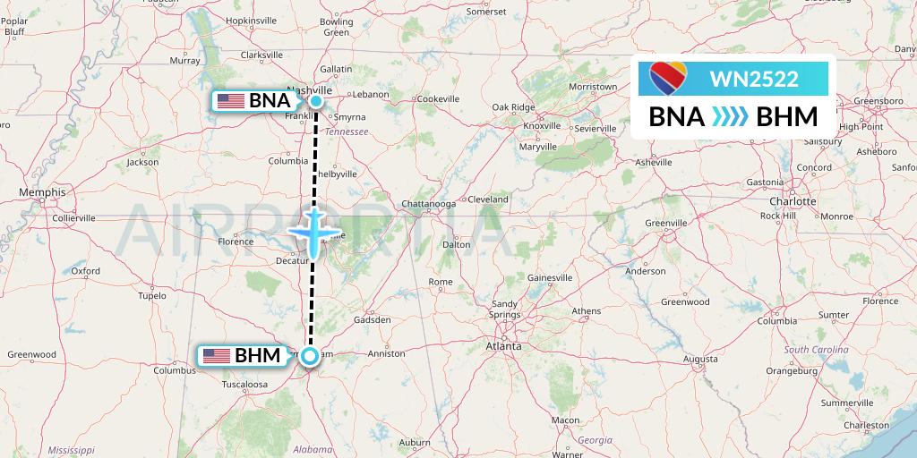 WN2522 Southwest Airlines Flight Map: Nashville to Birmingham