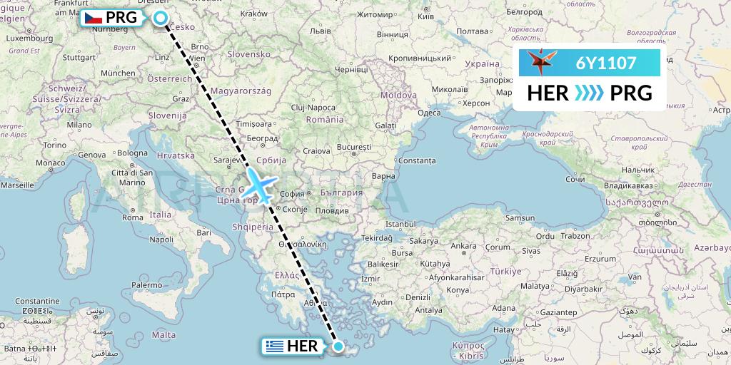 6Y1107 SmartLynx Flight Map: Heraklion to Prague