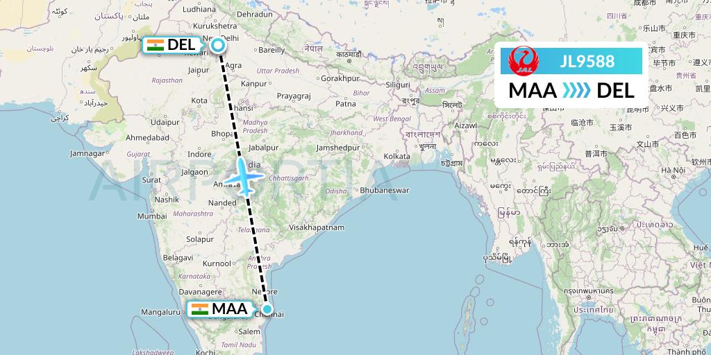 JL9588 Japan Airlines Flight Map: Chennai to Delhi