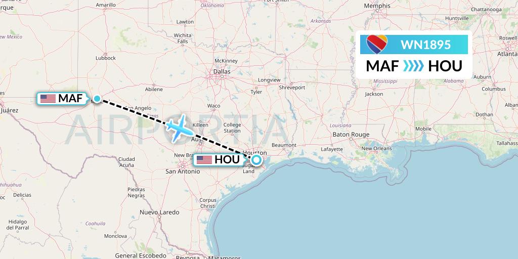 WN1895 Southwest Airlines Flight Map: Midland to Houston