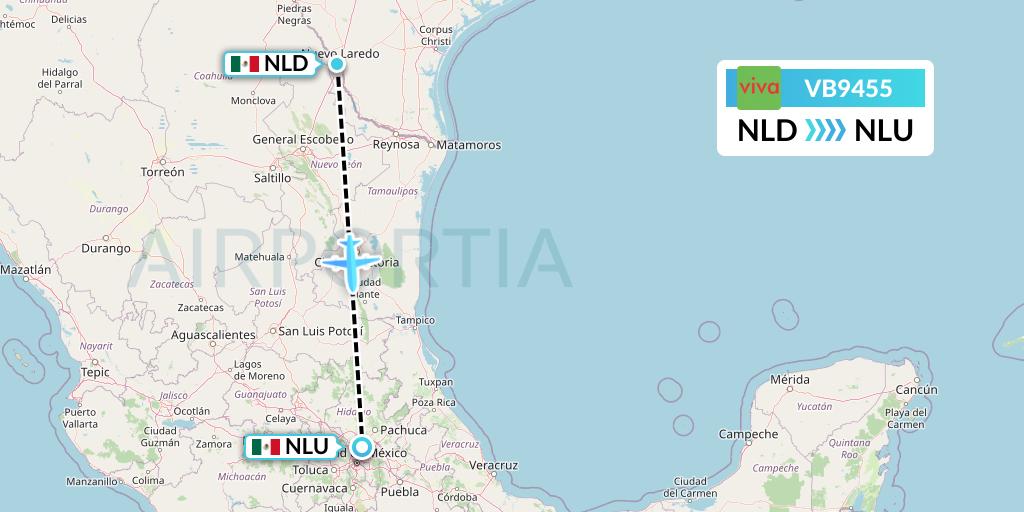 VB9455 VivaAerobus Flight Map: Nuevo Laredo to Reyes Acozac