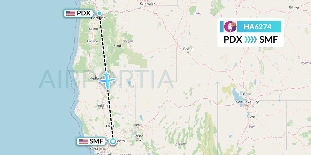 HA6274 Hawaiian Airlines Flight Map: Portland to Sacramento