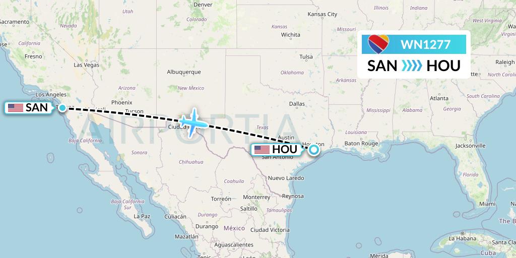 WN1277 Southwest Airlines Flight Map: San Diego to Houston