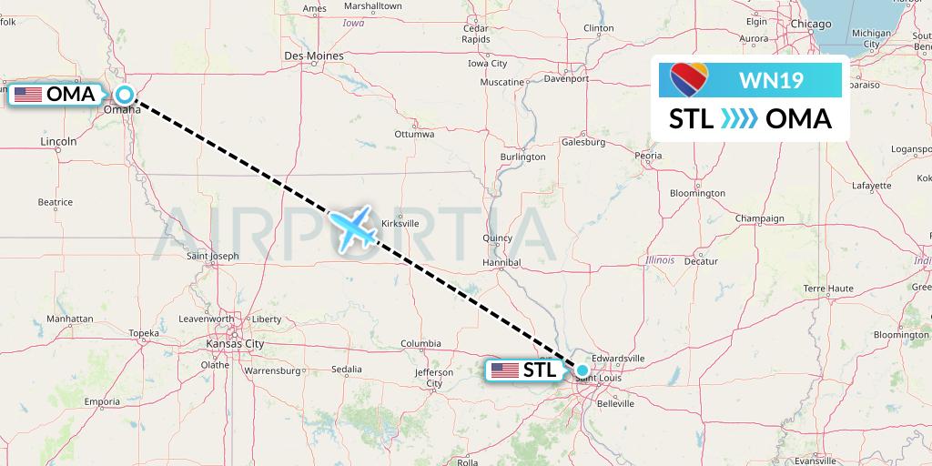 WN19 Southwest Airlines Flight Map: St. Louis to Omaha