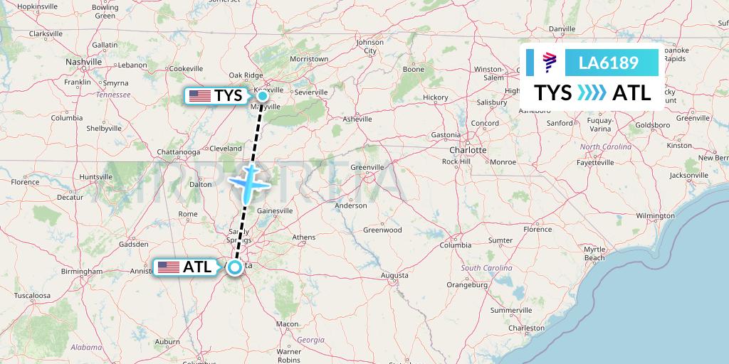 LA6189 LAN Airlines Flight Map: Knoxville to Atlanta