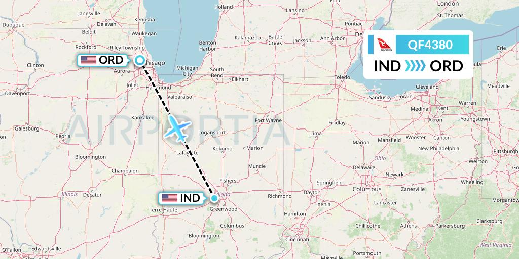 QF4380 Qantas Flight Map: Indianapolis to Chicago