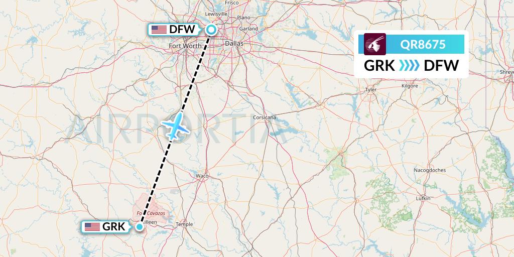 QR8675 Qatar Airways Flight Map: Killeen to Dallas