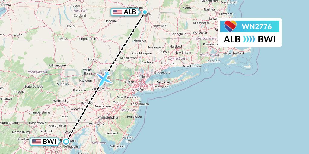 WN2776 Southwest Airlines Flight Map: Albany to Baltimore