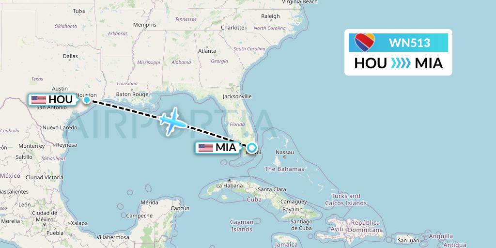 WN513 Southwest Airlines Flight Map: Houston to Miami