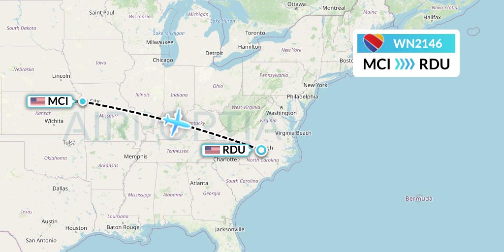 WN2146 Southwest Airlines Flight Map: Kansas City to Raleigh-Durham