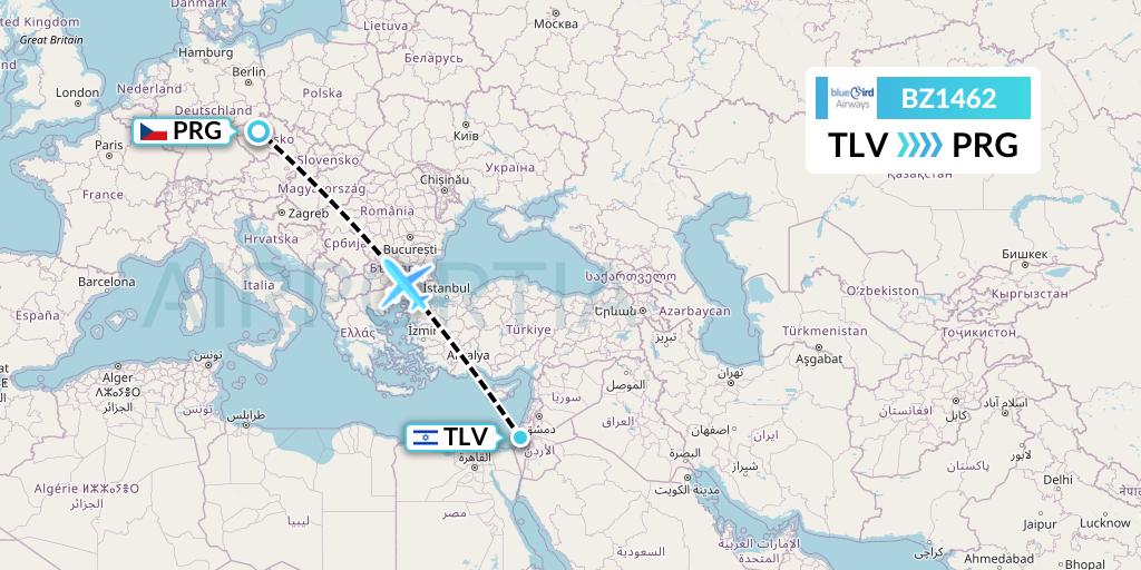 BZ1462 Bluebird Airways Flight Map: Tel Aviv to Prague