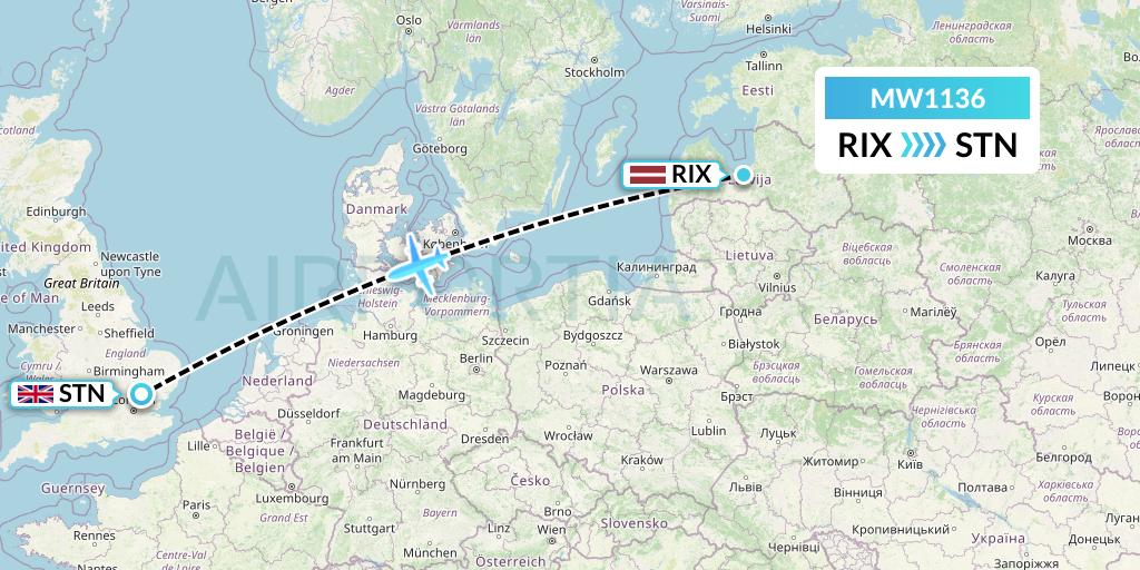 MW1136 Mokulele Flight Service Flight Map: Riga to London