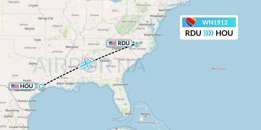 WN1913 Southwest Airlines Flight Map: Raleigh-Durham to Houston