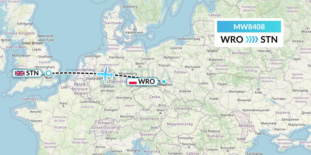 MW8408 Mokulele Flight Service Flight Map: Wroclaw to London