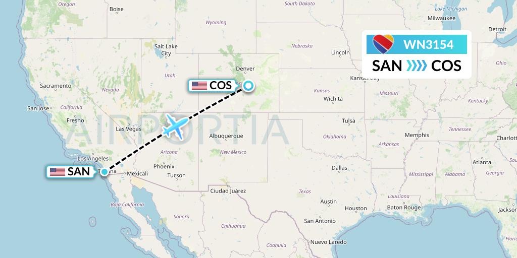 WN3154 Southwest Airlines Flight Map: San Diego to Colorado Springs