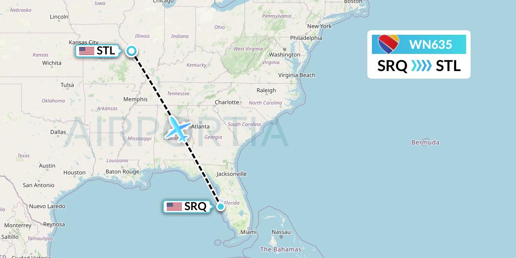 WN635 Southwest Airlines Flight Map: Sarasota to St. Louis