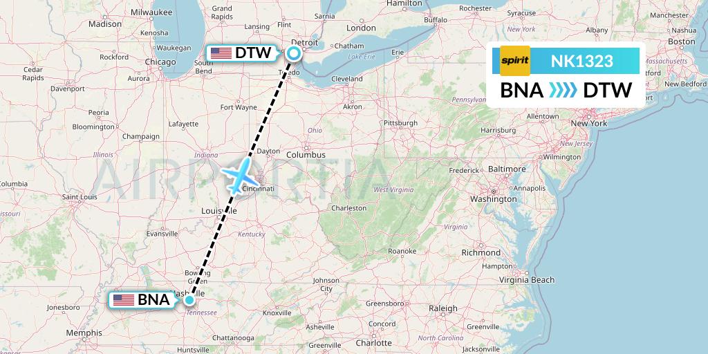 NK1323 Spirit Airlines Flight Map: Nashville to Detroit