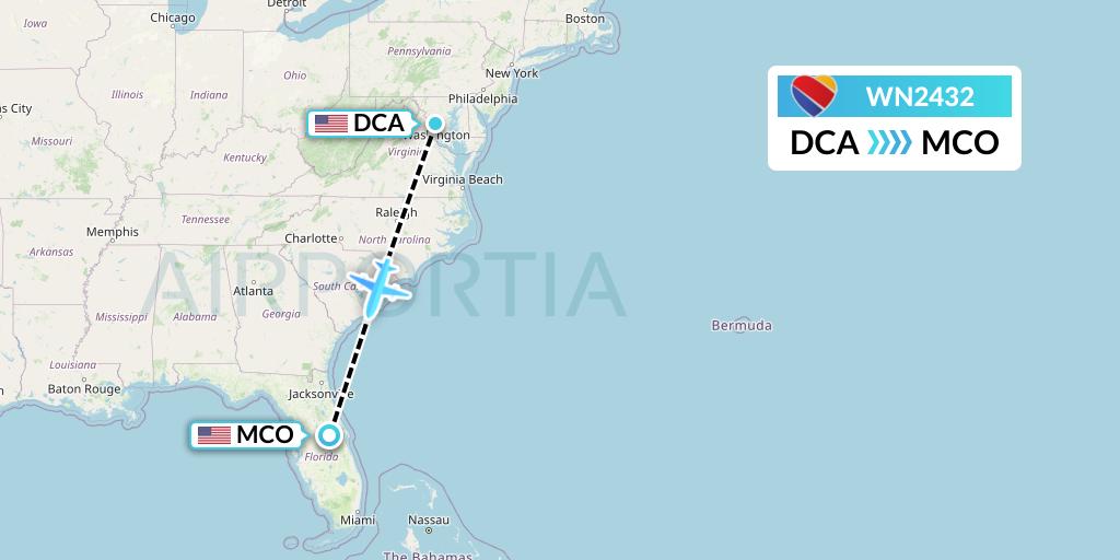 WN2432 Southwest Airlines Flight Map: Washington to Orlando