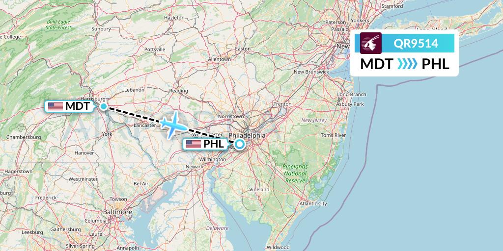 QR9514 Qatar Airways Flight Map: Harrisburg to Philadelphia