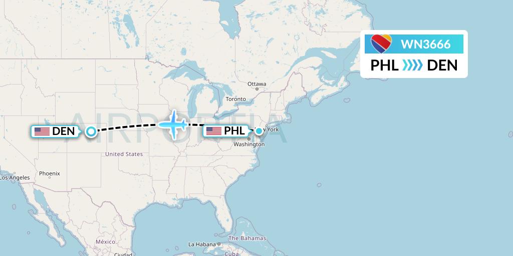WN3666 Southwest Airlines Flight Map: Philadelphia to Denver