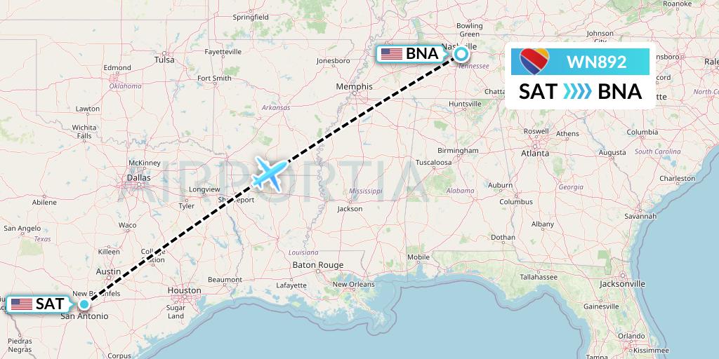 WN892 Southwest Airlines Flight Map: San Antonio to Nashville