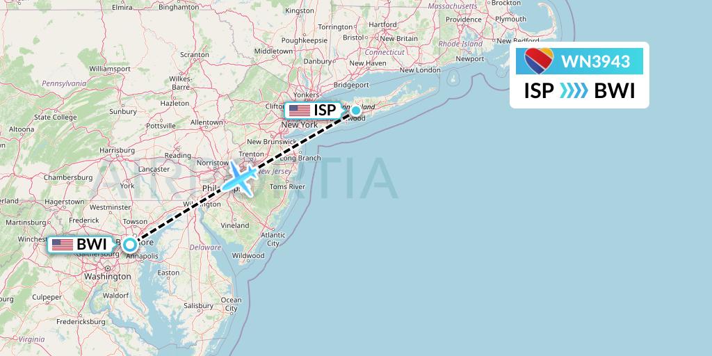 WN3943 Southwest Airlines Flight Map: Islip to Baltimore