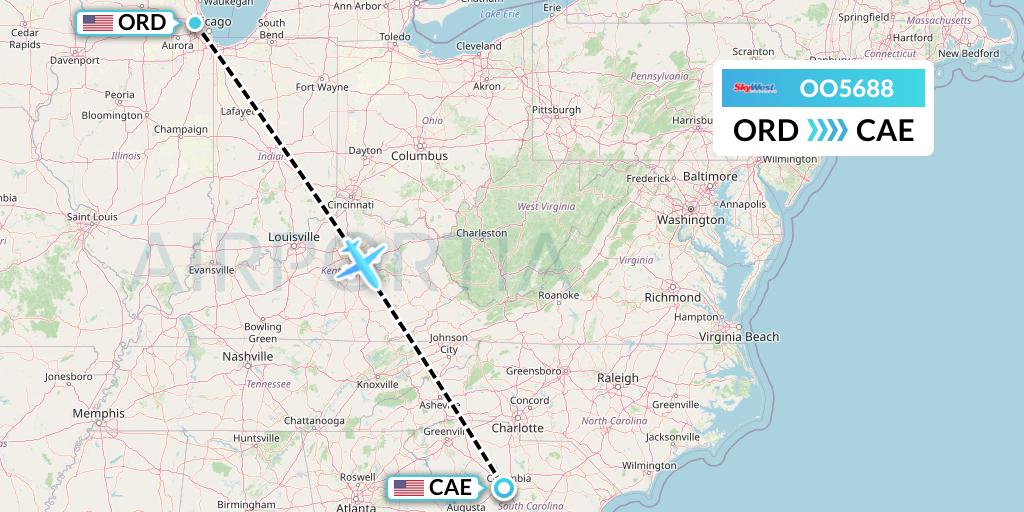 OO5688 SkyWest Airlines Flight Map: Chicago to Columbia