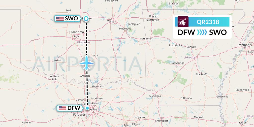 QR2318 Qatar Airways Flight Map: Dallas to Stillwater