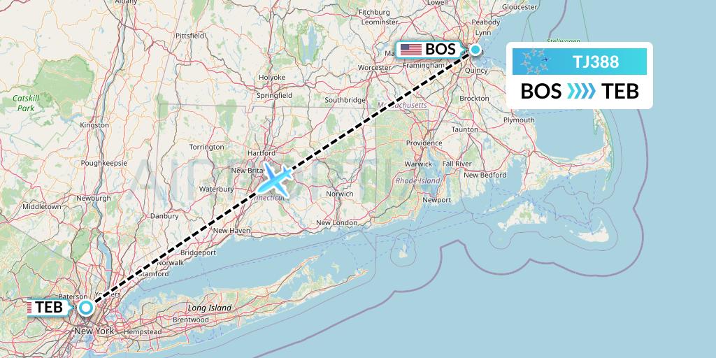 TJ388 Tradewind Aviation Flight Map: Boston to Teterboro