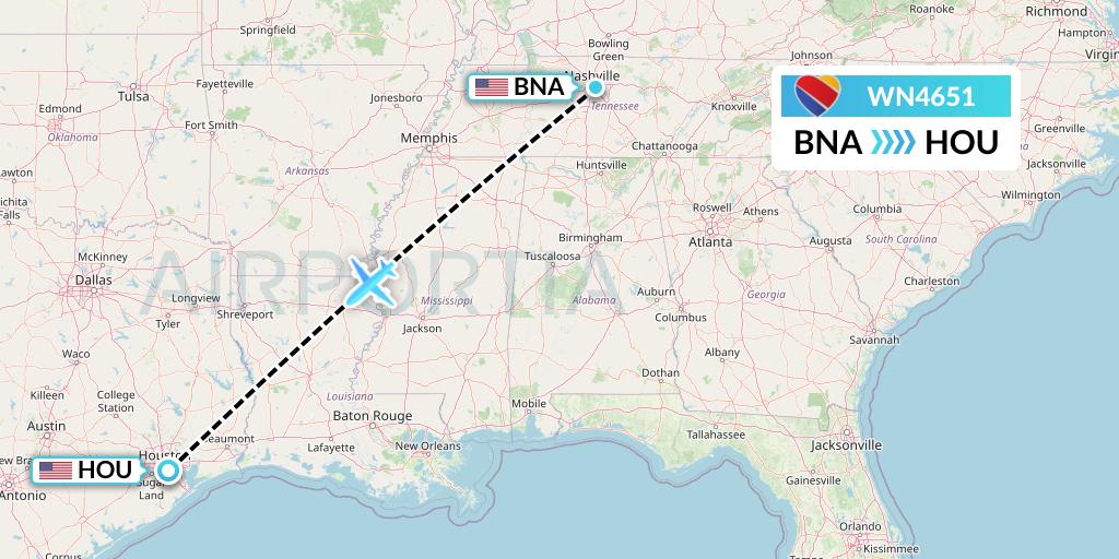 WN4651 Southwest Airlines Flight Map: Nashville to Houston