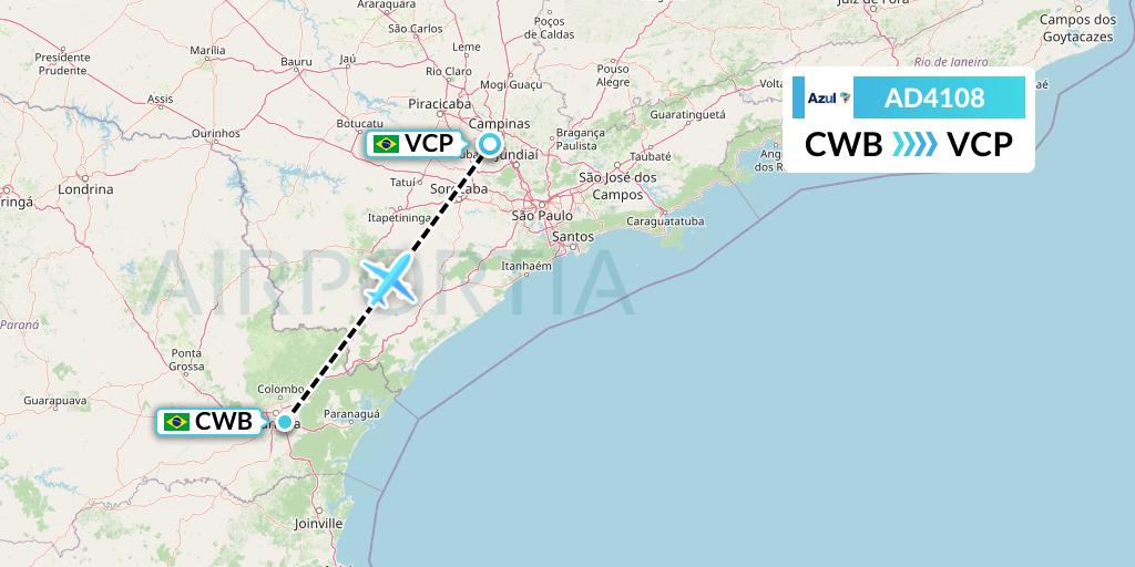AD4108 Azul Brazilian Airlines Flight Map: Curitiba to Campinas