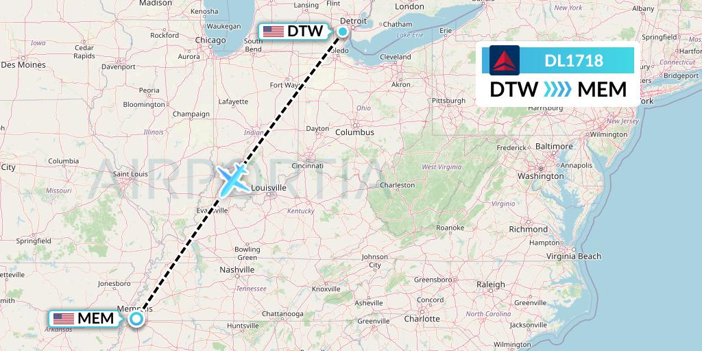 DL1718 Delta Air Lines Flight Map: Detroit to Memphis