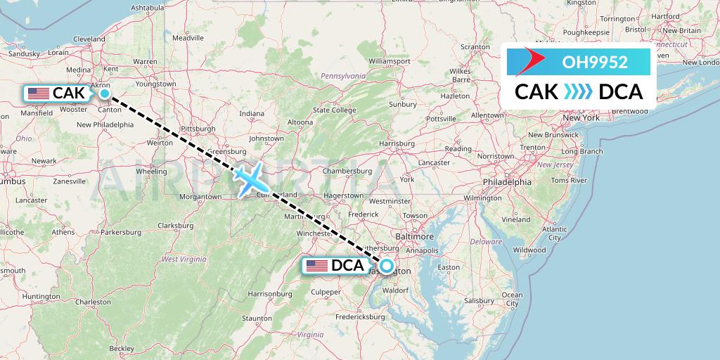 OH9952 PSA Airlines Flight Map: Akron to Washington